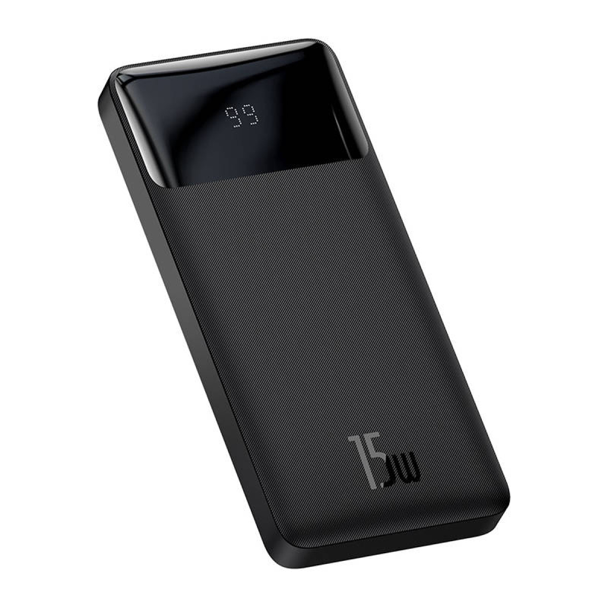 Eine schwarze Powerbank mit einem Bildschirm, der '99' und '15w' anzeigt.