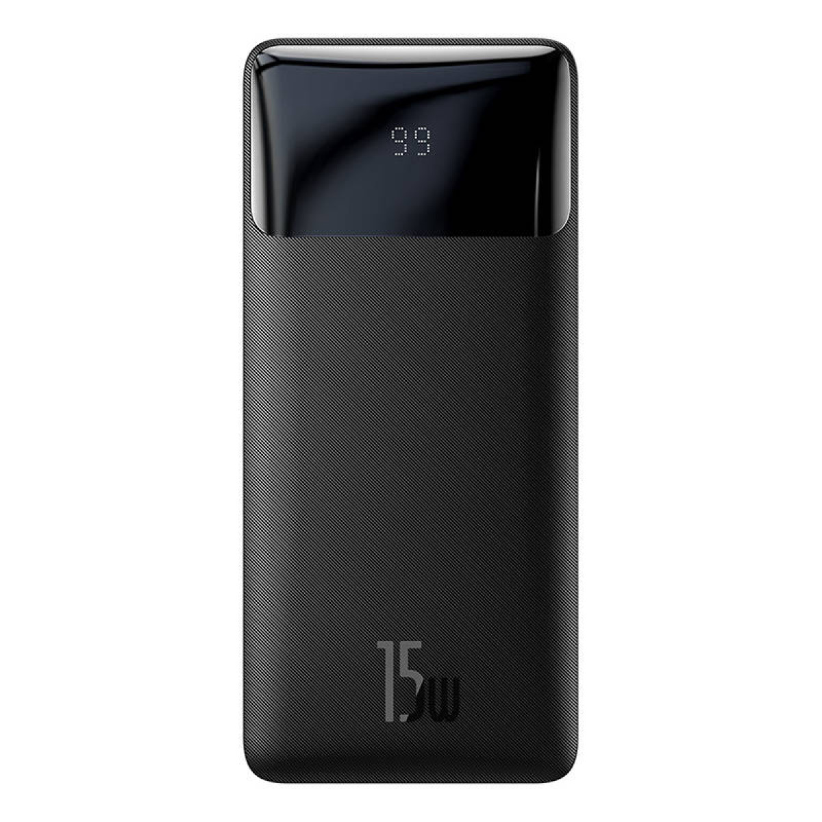 Eine schwarze Powerbank mit digitaler Anzeige, die 99 % anzeigt. Die Powerbank hat eine strukturierte Oberfläche.