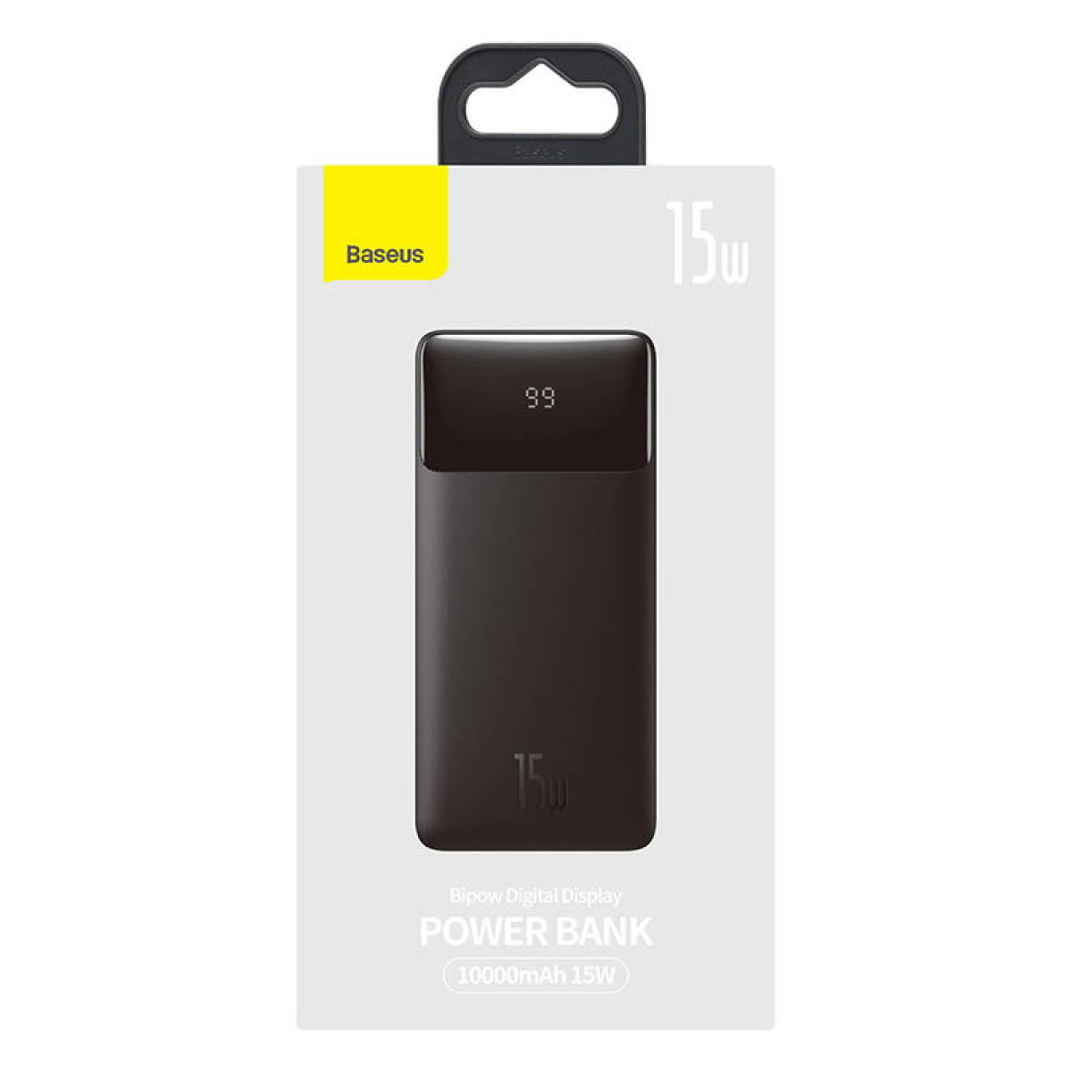 Schwarze Powerbank mit Digitalanzeige, die 99 anzeigt. Der Markenname 'Baseus' ist sichtbar.