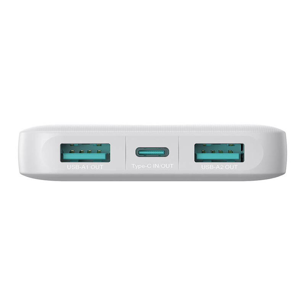 Biały power bank z trzema portami: USB-A1 OUT, Type-C IN/OUT, USB-A2 OUT.