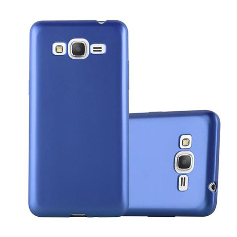Una funda azul para teléfono y su tapa trasera. La funda tiene recortes para la cámara y botones.