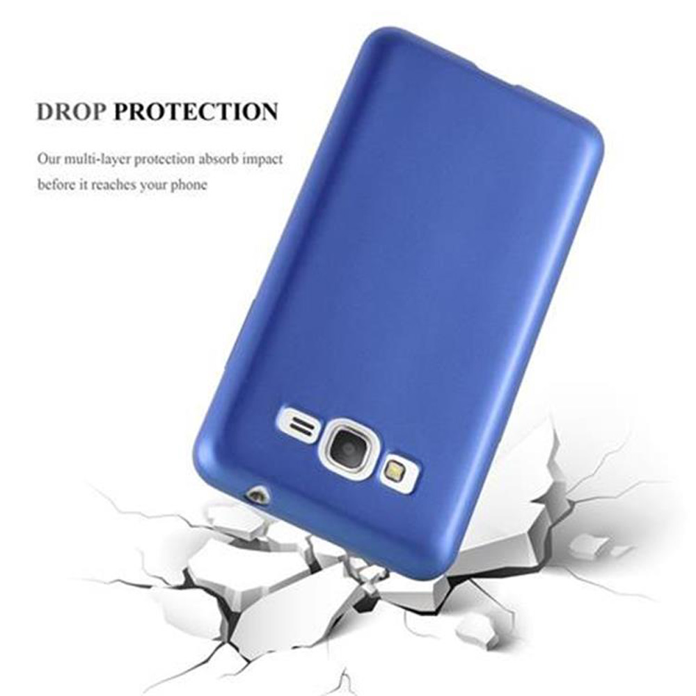 Funda azul para teléfono en suelo roto. El texto dice "Drop Protection".