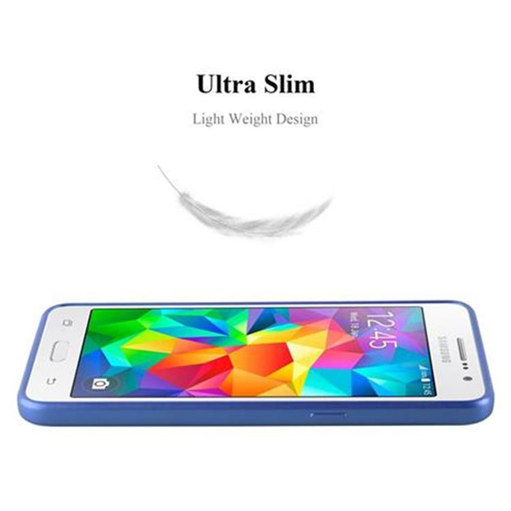 Teléfono con borde azul, pluma arriba, texto "Ultra Slim" y "Light Weight Design".