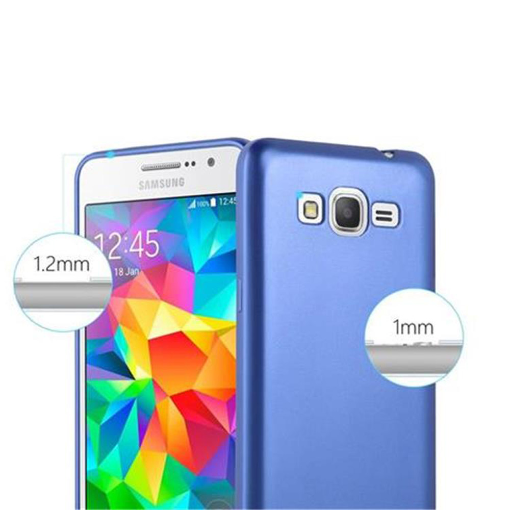 Funda de teléfono azul con un teléfono Samsung blanco. Muestra el grosor de la funda, detalles de la pantalla y el área de la cámara.