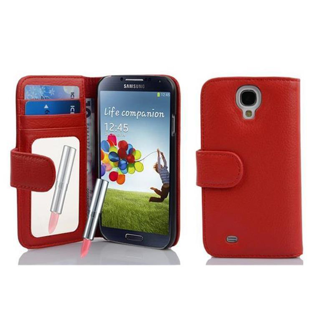 Custodia per telefono rossa con fessure per carte, specchio e rossetto. Il telefono mostra "Life companion 12:45".