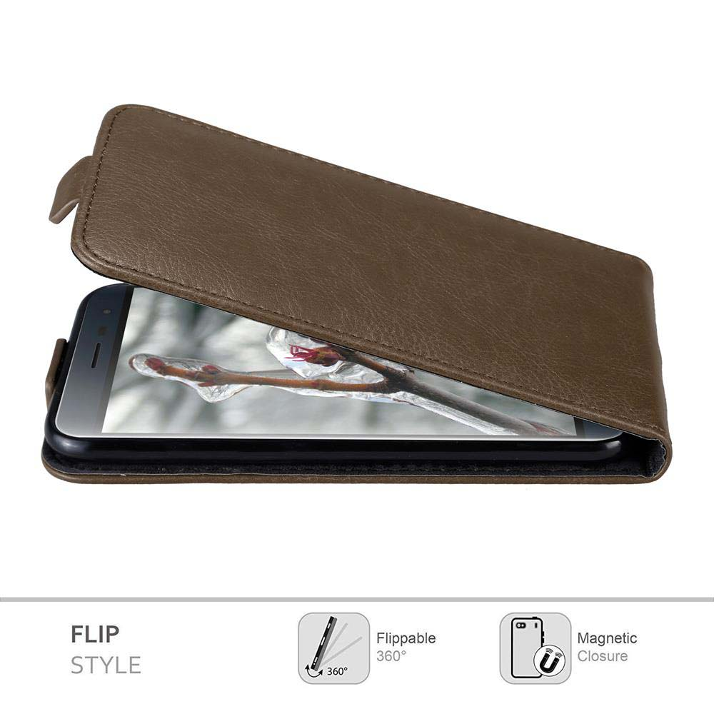Custodia per telefono marrone, aperta, che mostra lo schermo del telefono. Stile flip, chiusura magnetica.
