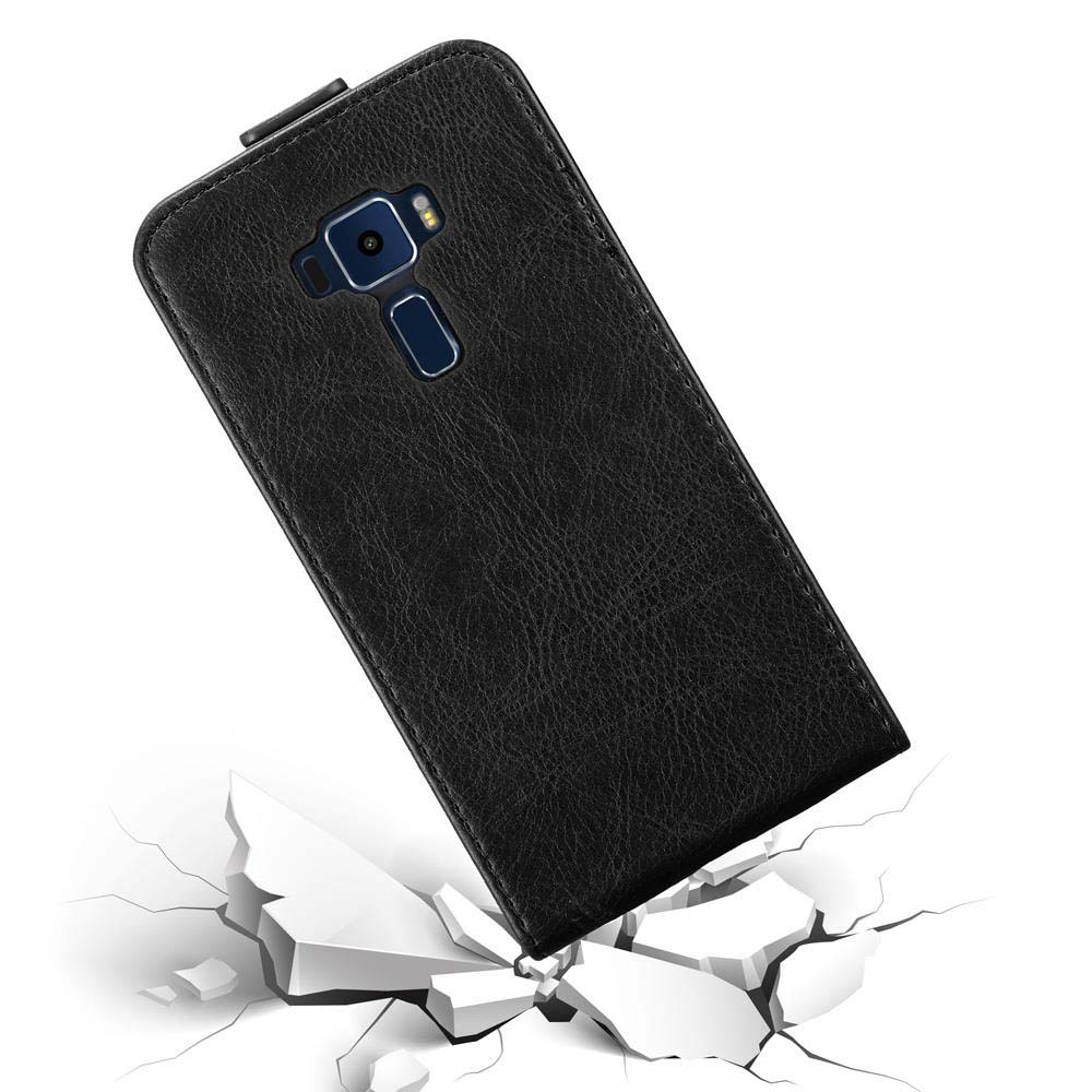 Custodia per telefono con una trama in pelle nera, che mostra crepe da impatto in basso. Il telefono non è danneggiato.