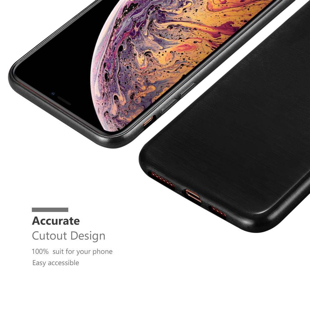 Custodia per telefono nera su sfondo bianco. Il telefono è nella custodia. Il testo dice Accurate Cutout Design.