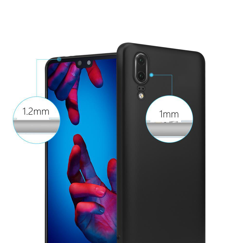Custodia per telefono nera con un telefono all'interno. La custodia ha un bordo di 1,2 mm, il telefono è spesso 1 mm.