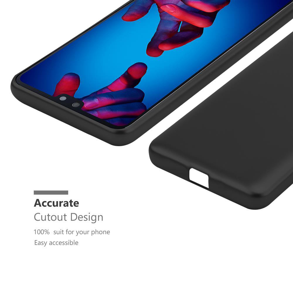 Custodia nera con telefono, dito sullo schermo e testo 'Accurate Cutout Design'.