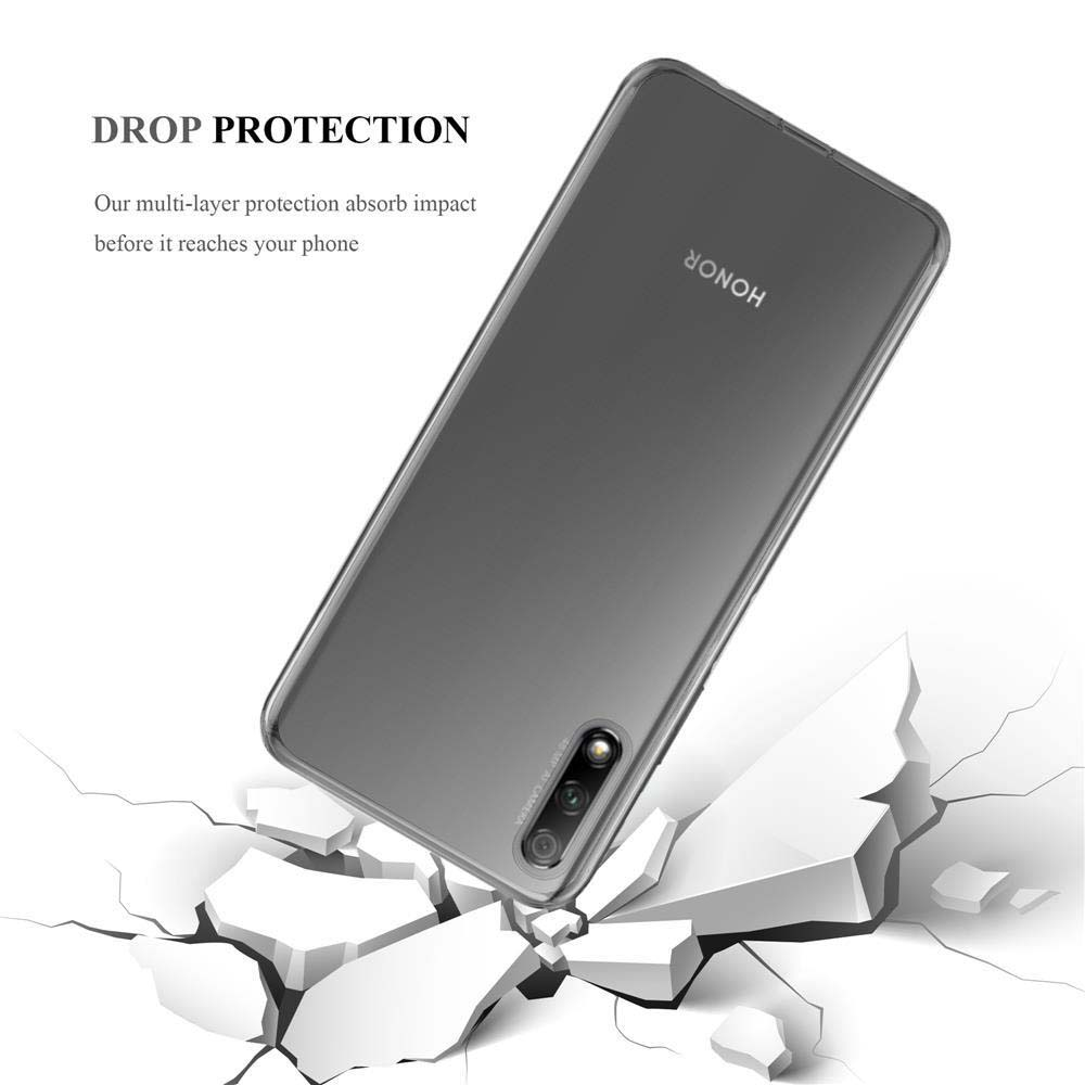 Handyhülle mit transparentem Rücken. Das Telefon ist abgewinkelt, mit Riss-Effekt und HONOR-Branding.