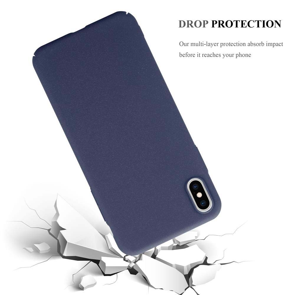Blaue Handyhülle liegt auf einer zerbrochenen weißen Oberfläche. Der Text darüber lautet: 'DROP PROTECTION'.