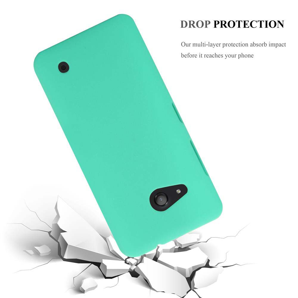 Coque de téléphone vert menthe cassant la surface blanche. Texte: Protection contre les chutes. Absorbe l'impact.