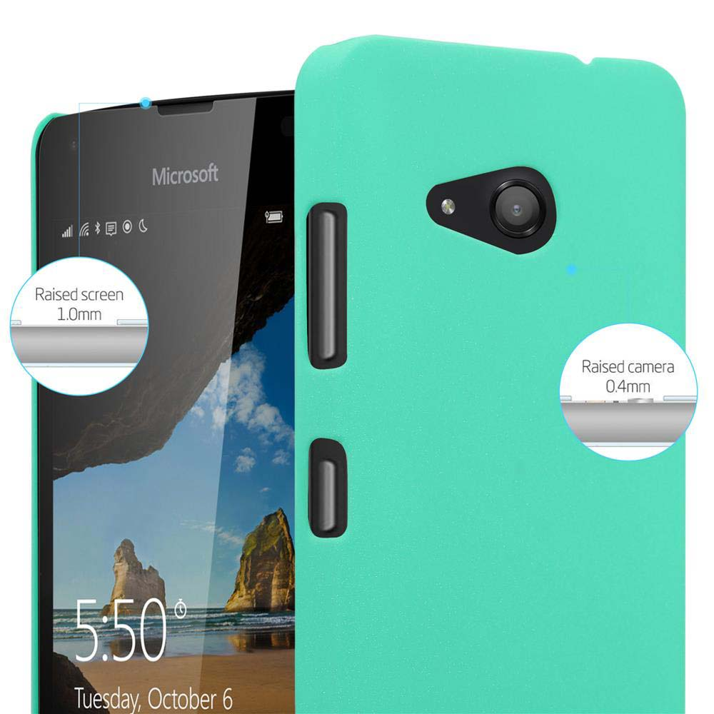 Coque et téléphone verts. Vues détaillées avec mesures de l'écran et de la caméra surélevés. Logo Microsoft visible.