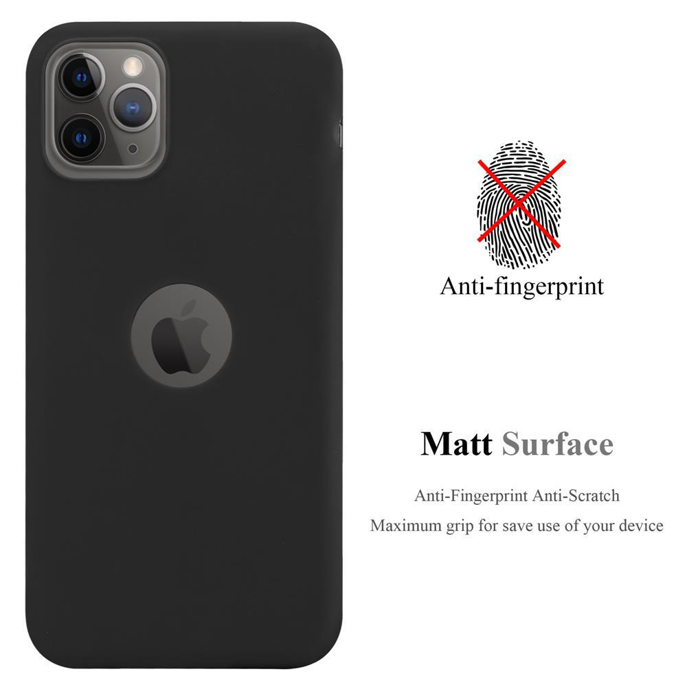 Eine schwarze Handyhülle mit einem Apple-Logo und einem Fingerabdrucksymbol mit rotem Kreuz.