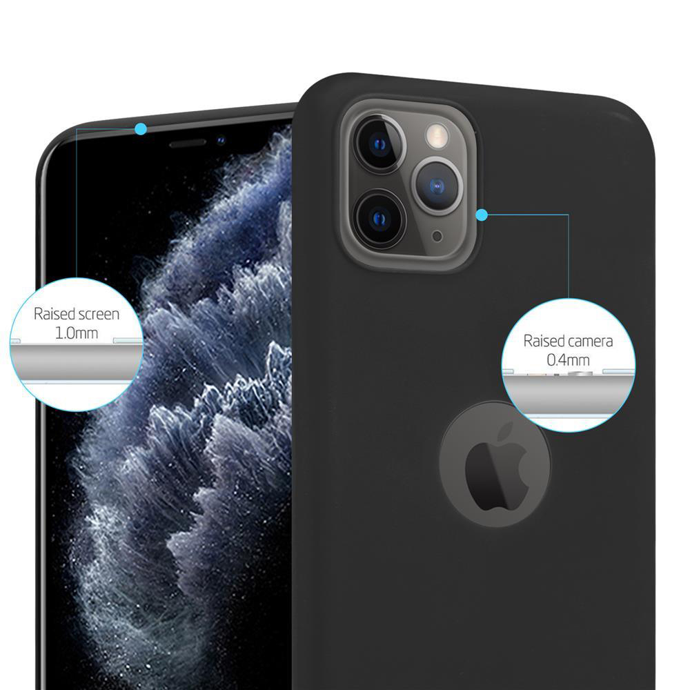 Eine schwarze Handyhülle mit Apple-Logo, hebt erhöhten Bildschirm und Kamera hervor.