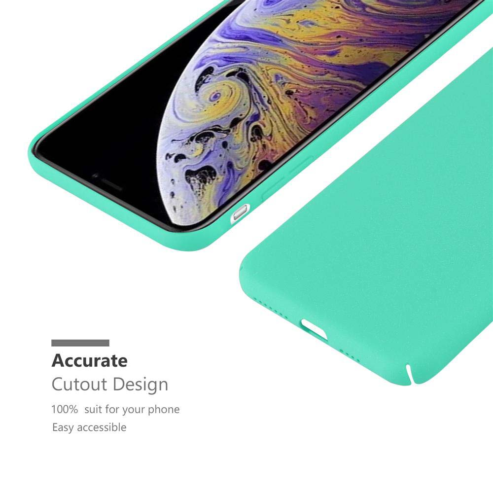 Zwei Handyhüllen. Eine in Türkis, eine auf einem Telefon. Text 'Accurate Cutout Design'.