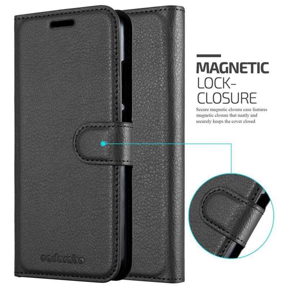 Una custodia nera è chiusa. Testo: Chiusura magnetica. Un piccolo cerchio mostra la chiusura.