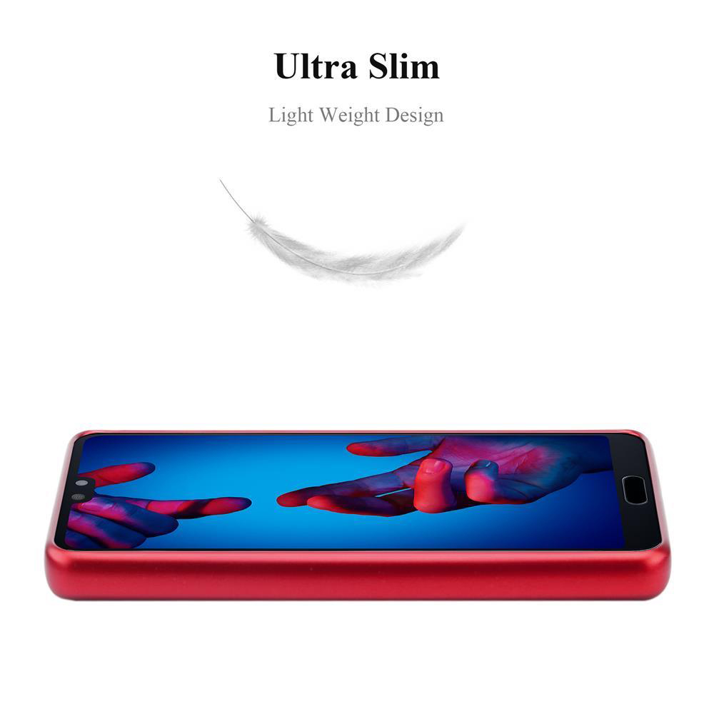 Custodia per telefono rossa. Una piuma è mostrata sopra la custodia e le parole 'Ultra Slim' sono in alto.