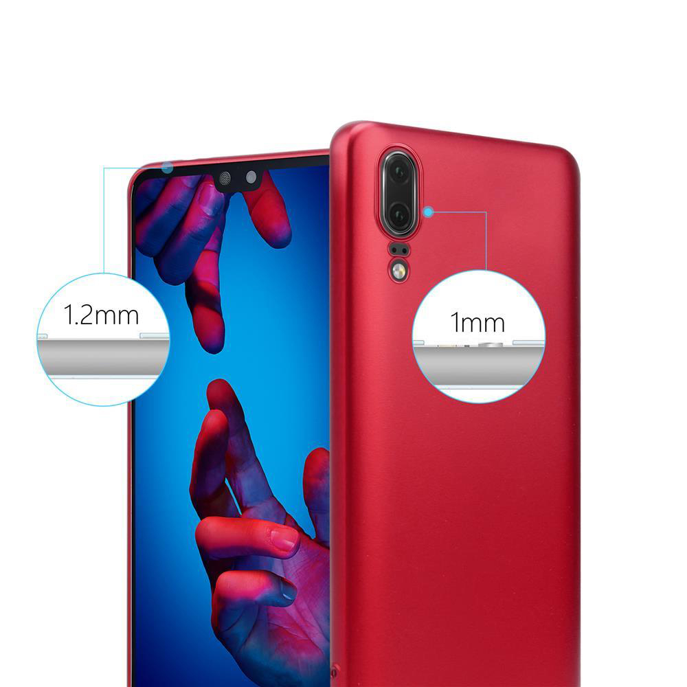 Custodia per telefono rossa con telefono all'interno. Il testo mostra le misure di spessore di 1,2 mm e 1 mm.