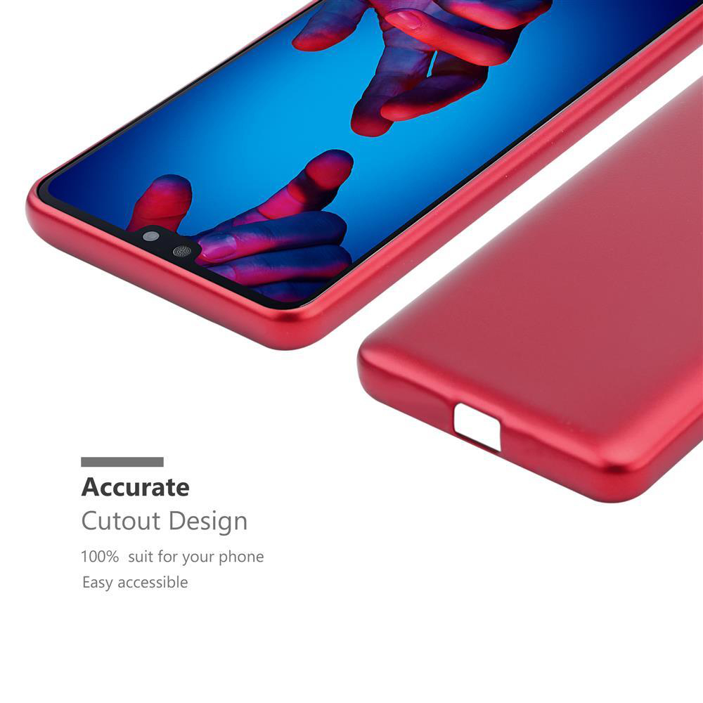 Una custodia rossa per telefono e un telefono con schermo blu su sfondo bianco.