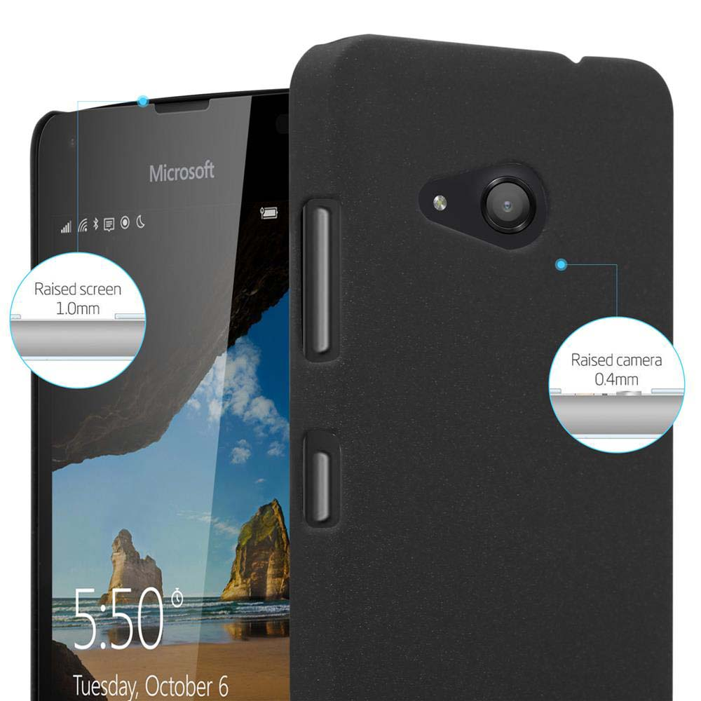 Téléphone Microsoft noir avec un étui noir. Les zones d'écran et de caméra surélevées sont étiquetées. L'écran affiche un écran d'accueil.