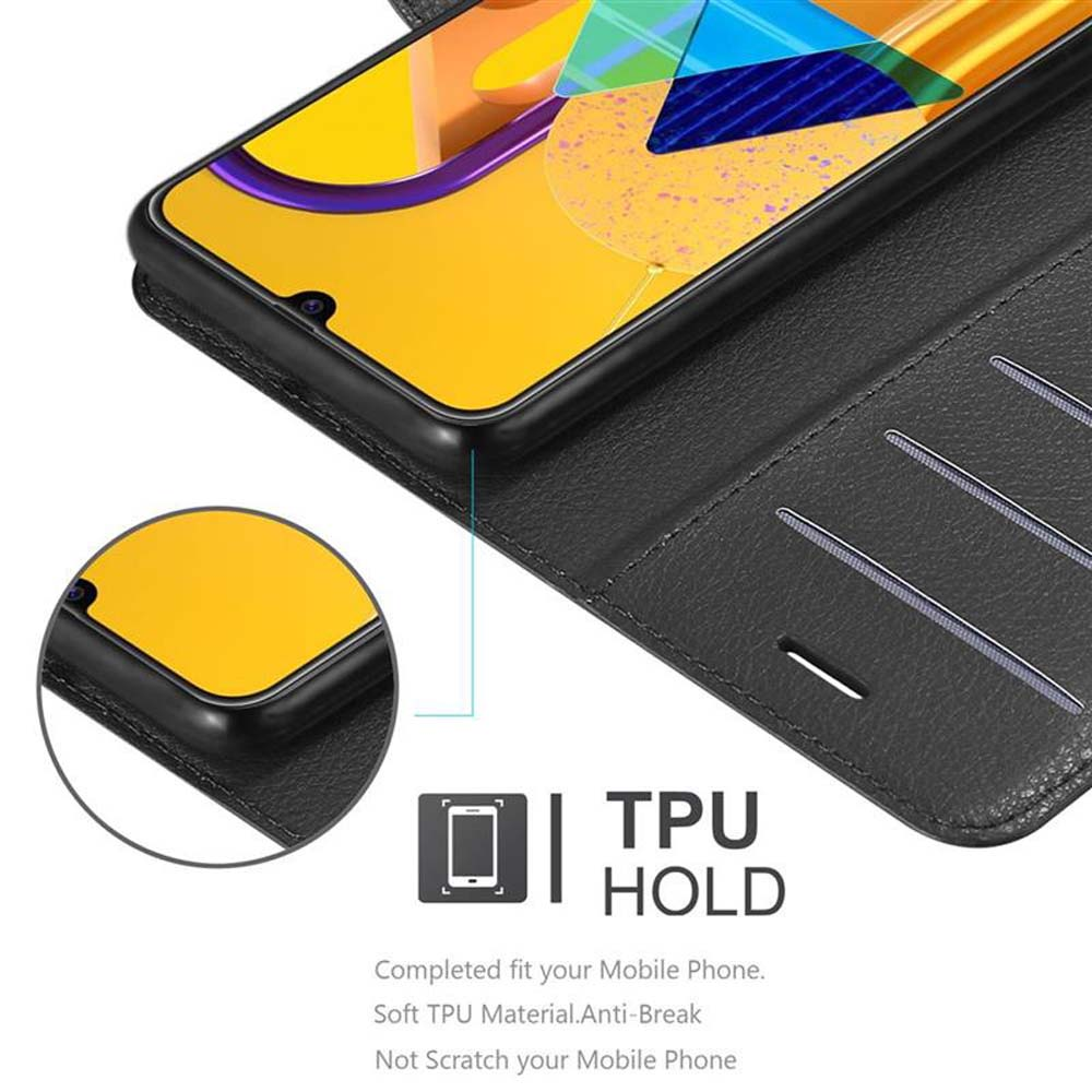 Ein Telefon in einer schwarzen Hülle. Die Hülle ist offen. Der Telefonbildschirm zeigt einen gelben Hintergrund. TPU Hold.