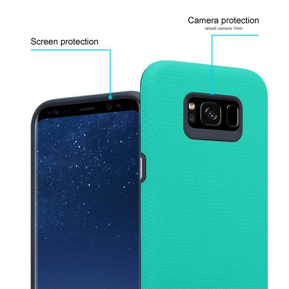 Custodia verde per telefono con telefono all'interno. Il testo dice 'protezione schermo' e 'protezione fotocamera'.