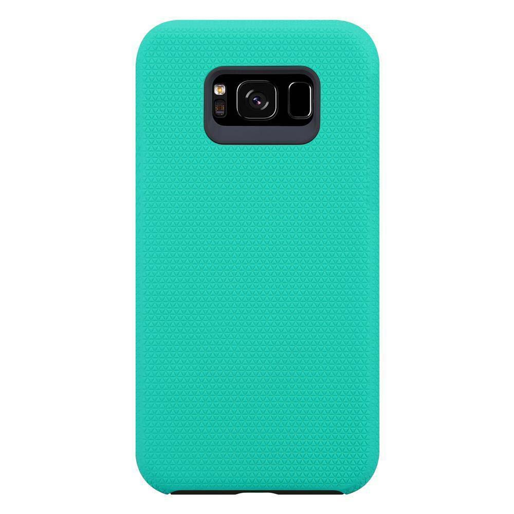 Custodia per telefono turchese con motivo strutturato. La custodia mostra la fotocamera e i pulsanti del telefono.