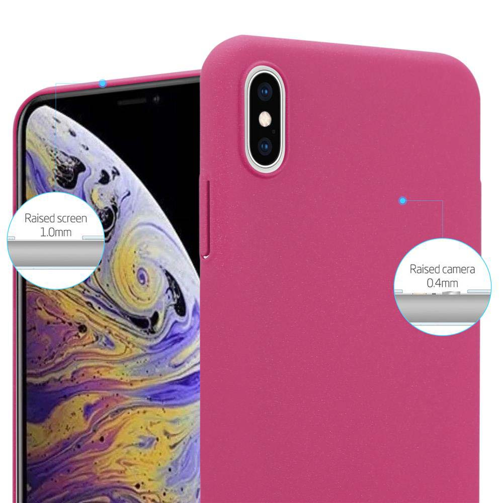 Eine fuchsiafarbene Telefonhülle mit einem Telefon darin. Details zeigen den erhöhten Bildschirm und die Kamera.