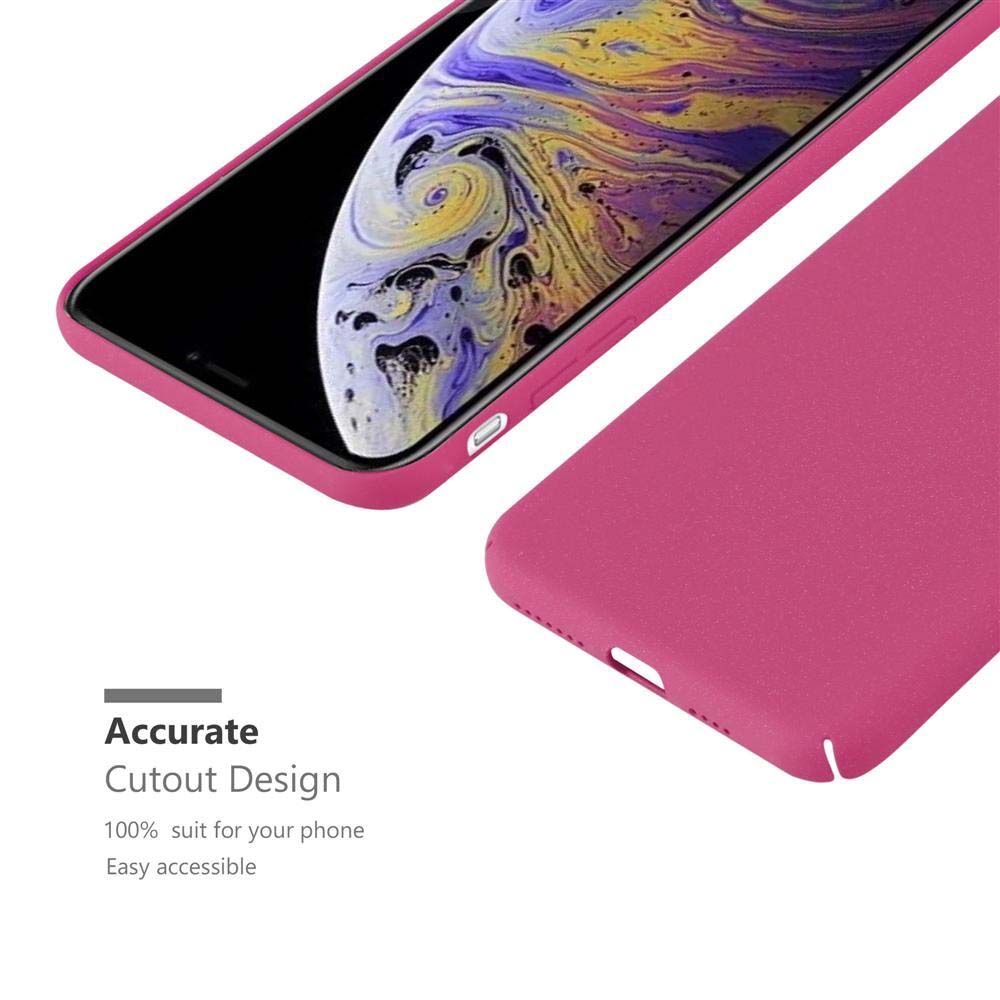 Eine pinkfarbene Handyhülle und ein Telefon mit schwarzem Bildschirm auf weißem Grund.