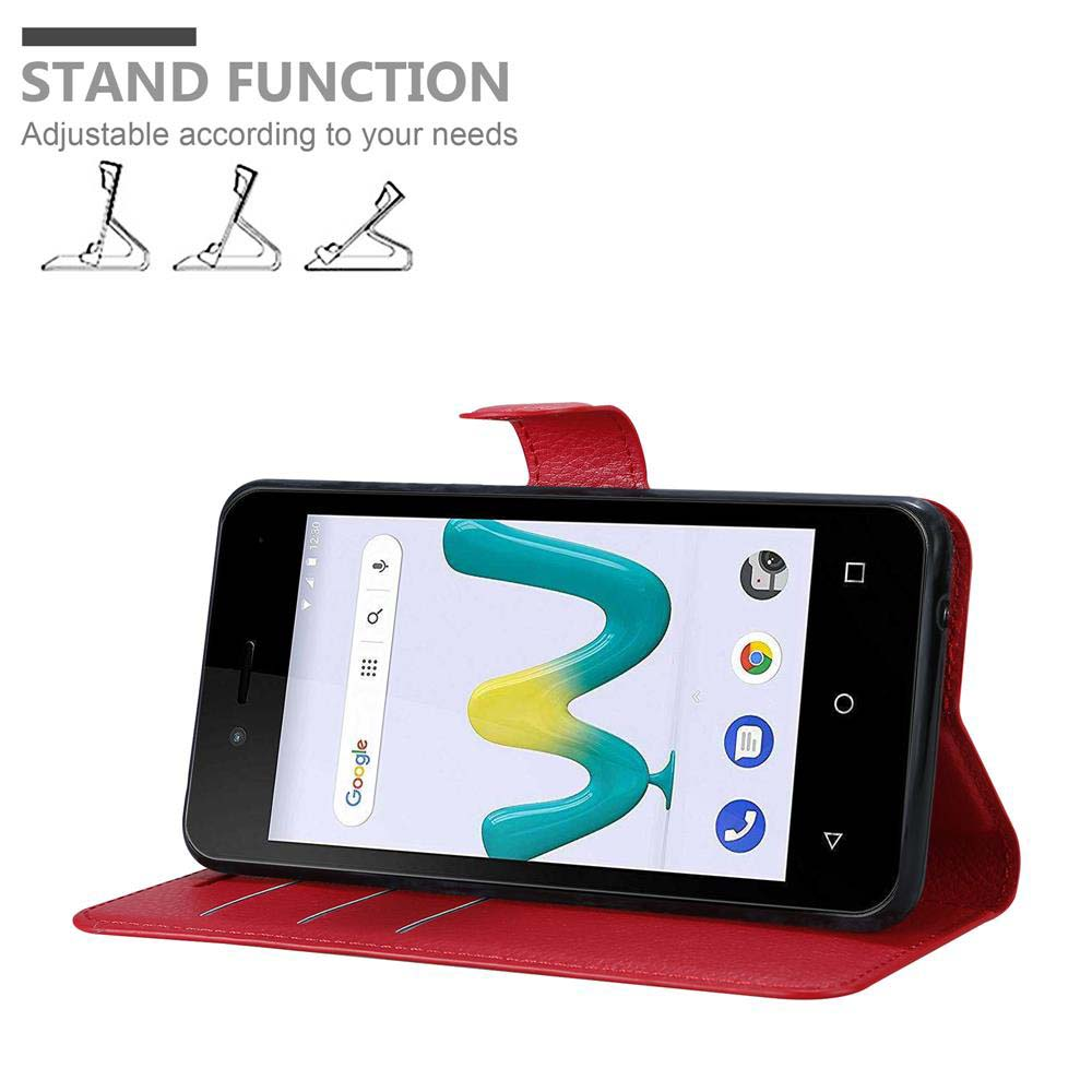 Rote Handyhülle mit schwarzem Telefon. Das Telefon ist geöffnet, Symbole sind auf dem Bildschirm sichtbar.