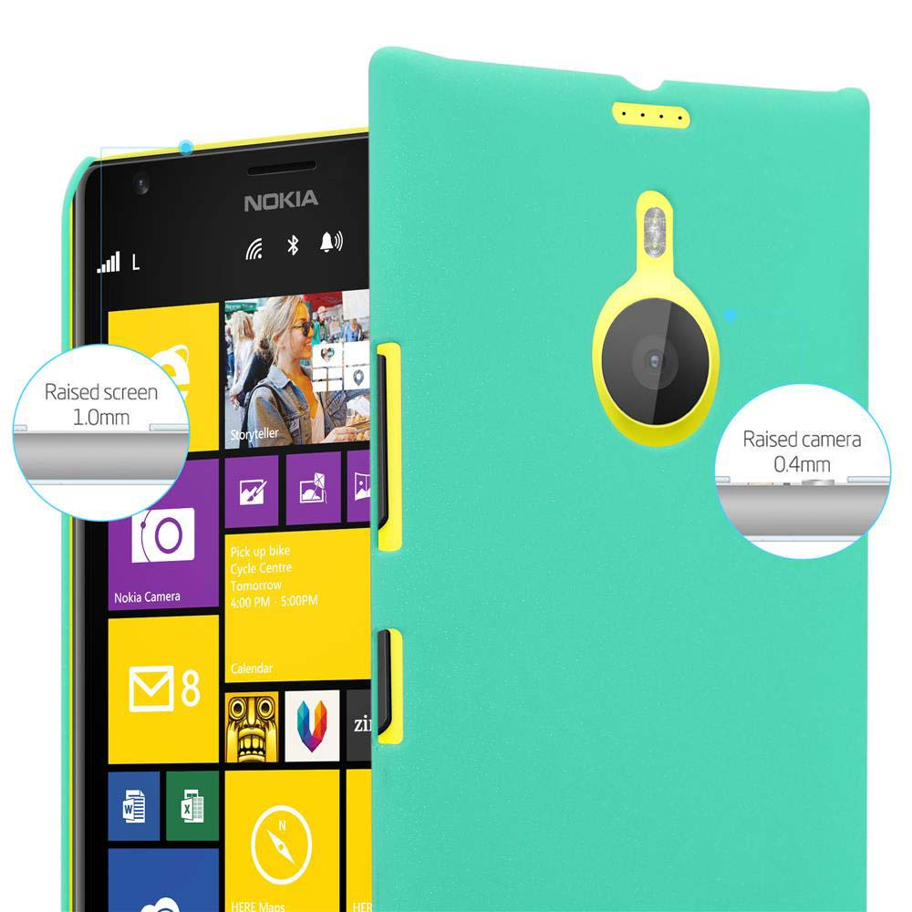 Un telefono con una custodia verde. Lo schermo ha colori giallo e blu. Il testo dice 'Schermo rialzato' e 'Fotocamera rialzata'.