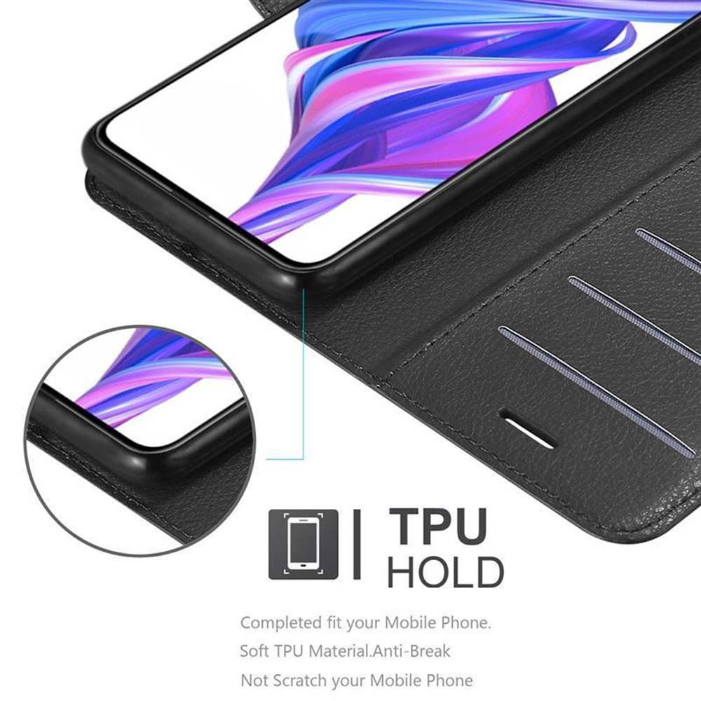 Schwarzes Telefon mit TPU-Hülle, die Innenseite der Hülle mit Text zeigt.