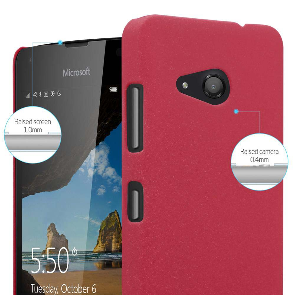 Coque de téléphone rouge sur un téléphone, avec texte : Écran surélevé 1,0 mm et Caméra surélevée 0,4 mm.