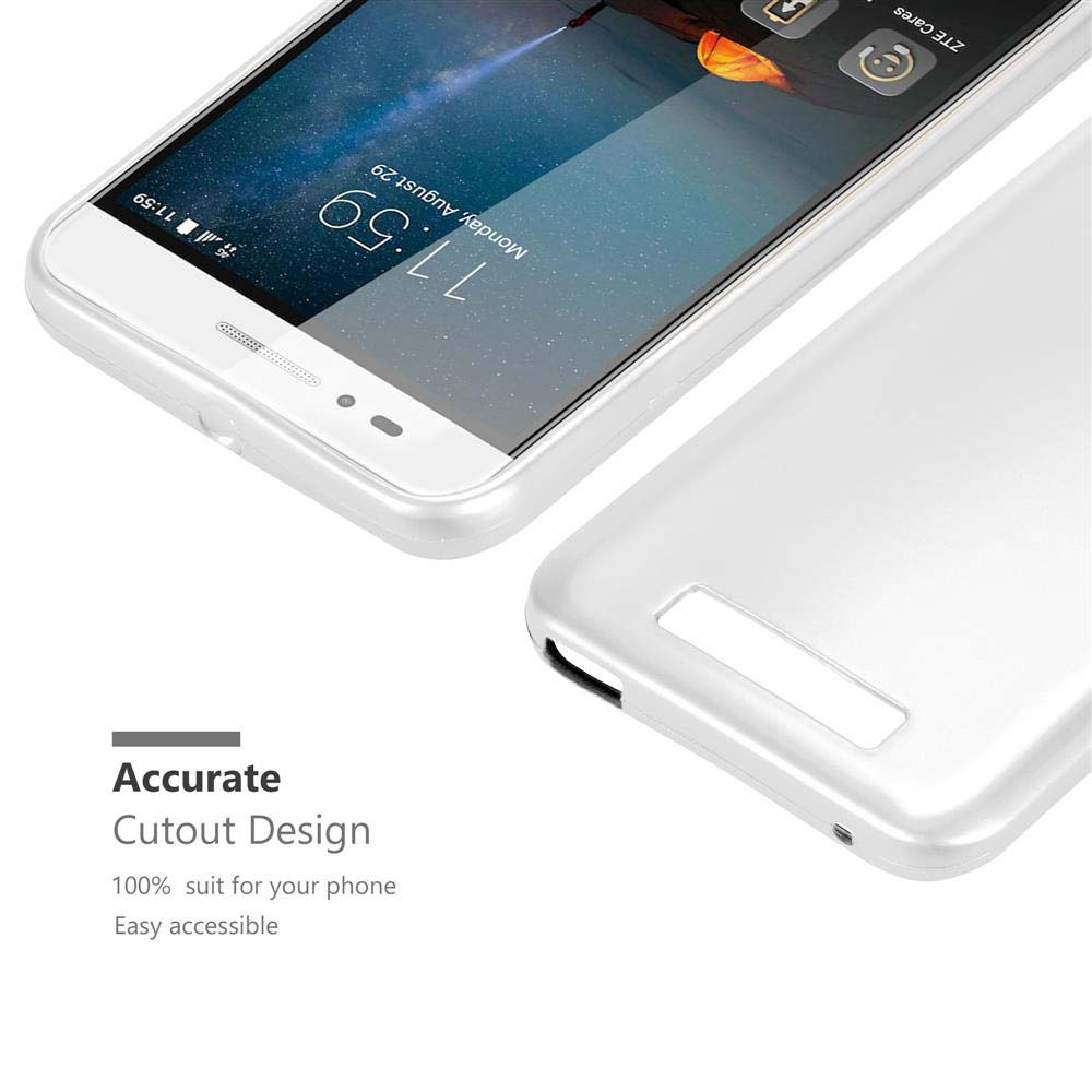 Vengono mostrati un telefono e una custodia bianchi. La custodia viene posizionata sul telefono. Testo: 'Accurate Cutout Design'.