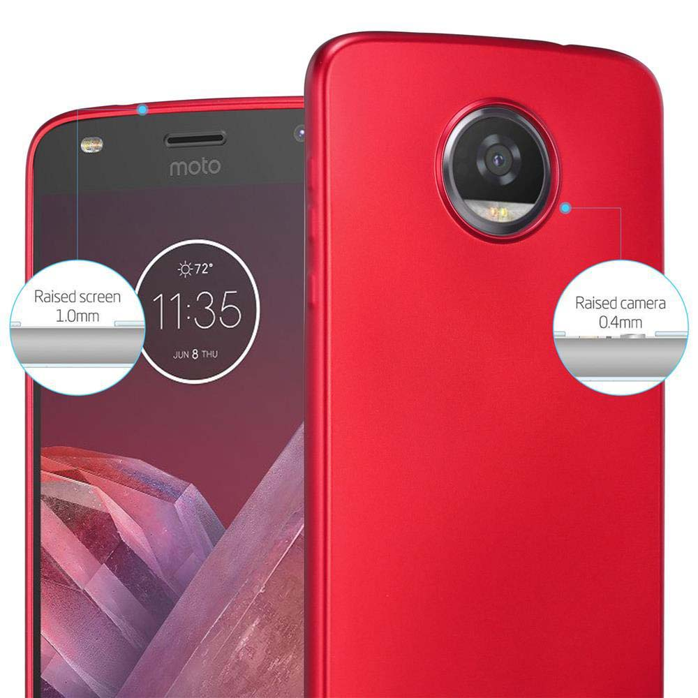 Funda roja con teléfono mostrando pantalla y detalles de cámara. Pantalla y cámara elevadas.