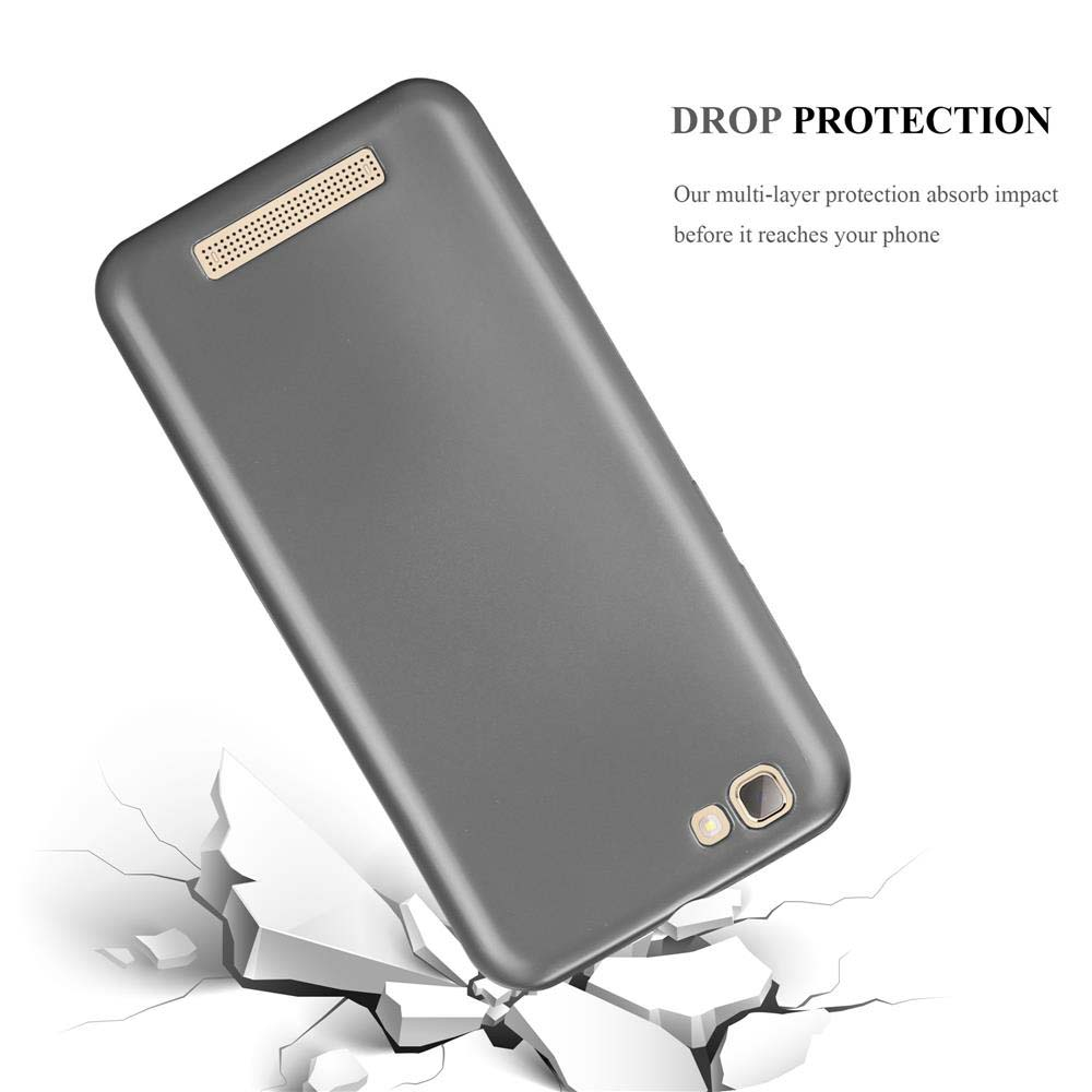 Telefono grigio che cade su terreno bianco rotto. Testo: Protezione contro le cadute. Protezione multistrato assorbe l'impatto.