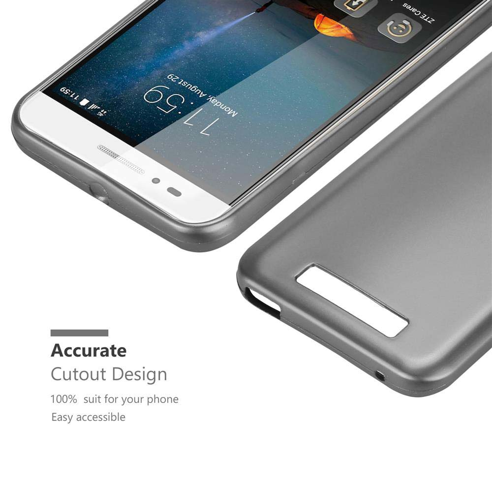 Un telefono e una custodia. Il telefono è argento, la custodia è grigia. Testo: Design di ritaglio accurato. Facile accesso.