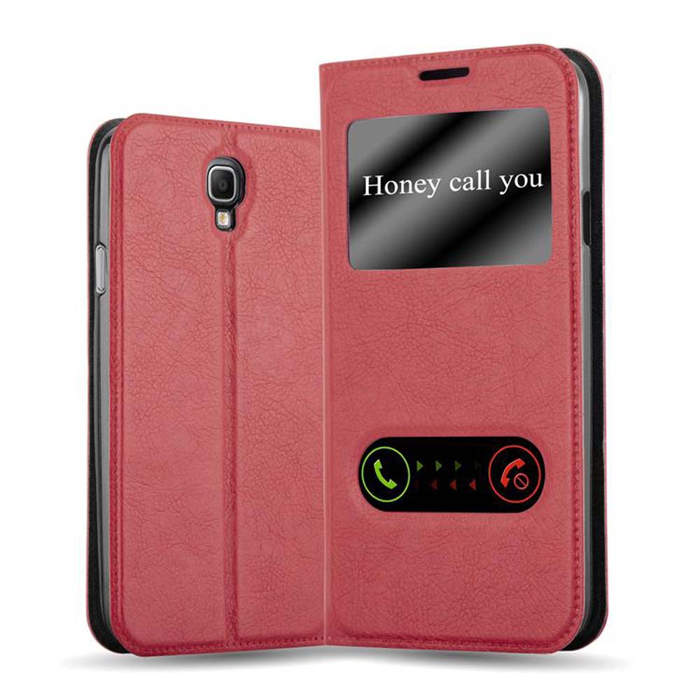 Una funda roja para teléfono está abierta, mostrando un interior con el texto 'Honey call you' e iconos de llamada.