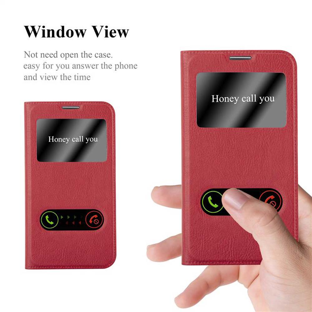 Funda roja para teléfono con ventana visible. La ventana muestra las palabras 'Honey call you'.