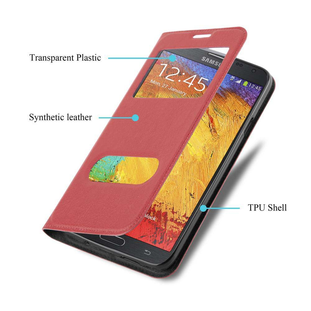 Funda roja con teléfono dentro. Plástico transparente muestra la pantalla. Piel sintética y carcasa TPU.