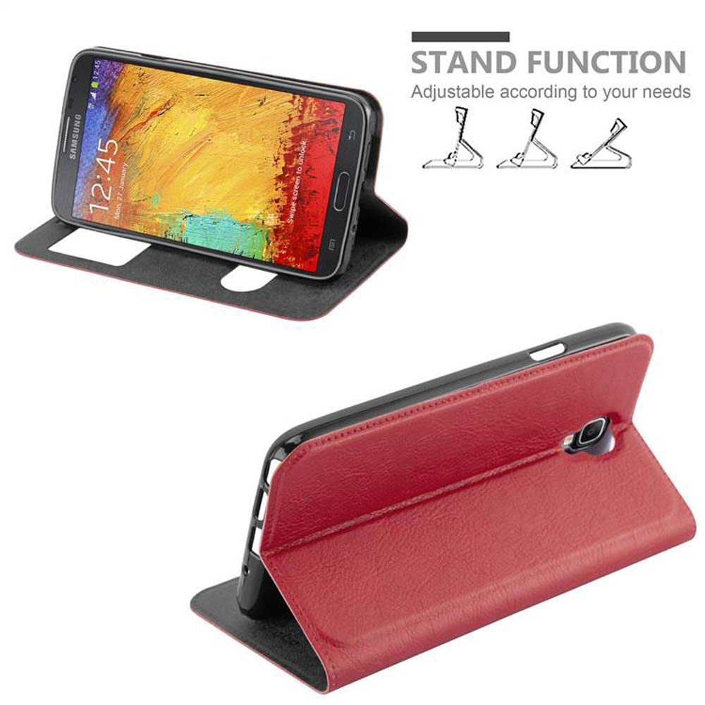 Smartphone en funda de cuero roja, con función soporte. Texto: Función soporte. Ajustable según tus necesidades.