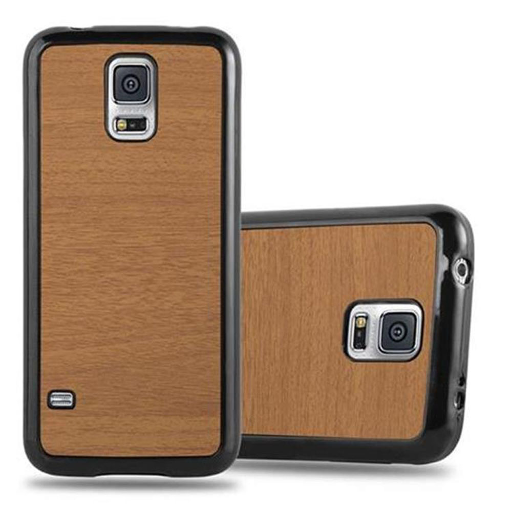 Custodia per telefono con texture in legno marrone. Due custodie, una verticale, una piatta. Bordo nero, sfondo bianco.