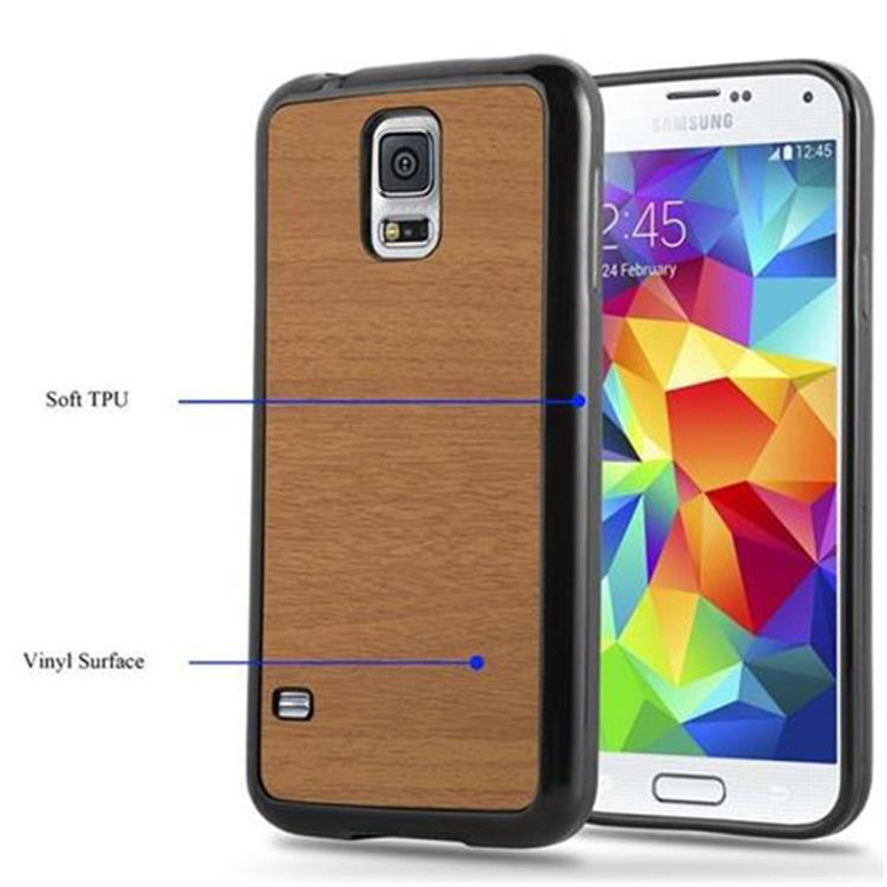 Telefono in una custodia in legno, con un telefono di lato. Il testo menziona TPU morbido.