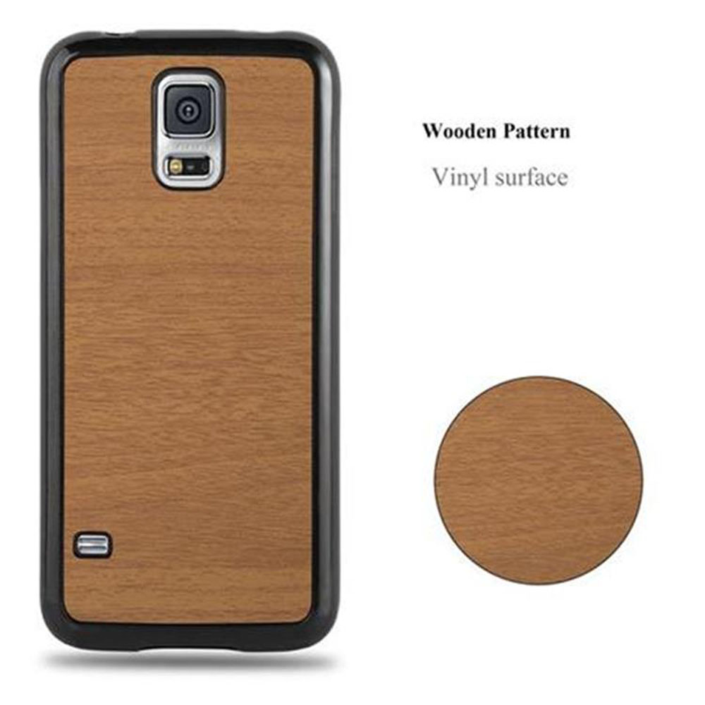 Una custodia per telefono con un motivo in legno e una superficie in vinile. Un cerchio mostra la trama del legno.