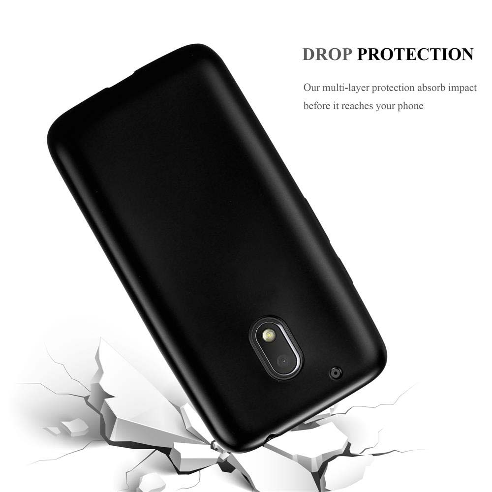 Funda negra sobre suelo agrietado. Texto de protección contra caídas. El teléfono tiene cámara. Fondo blanco.
