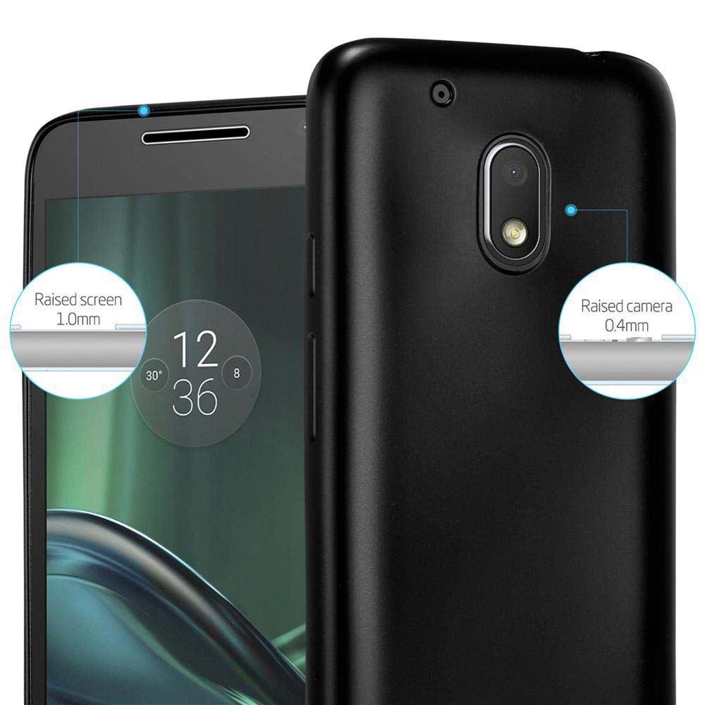 Teléfono con funda, mostrando bordes elevados para protección de pantalla y cámara. Medidas dadas.