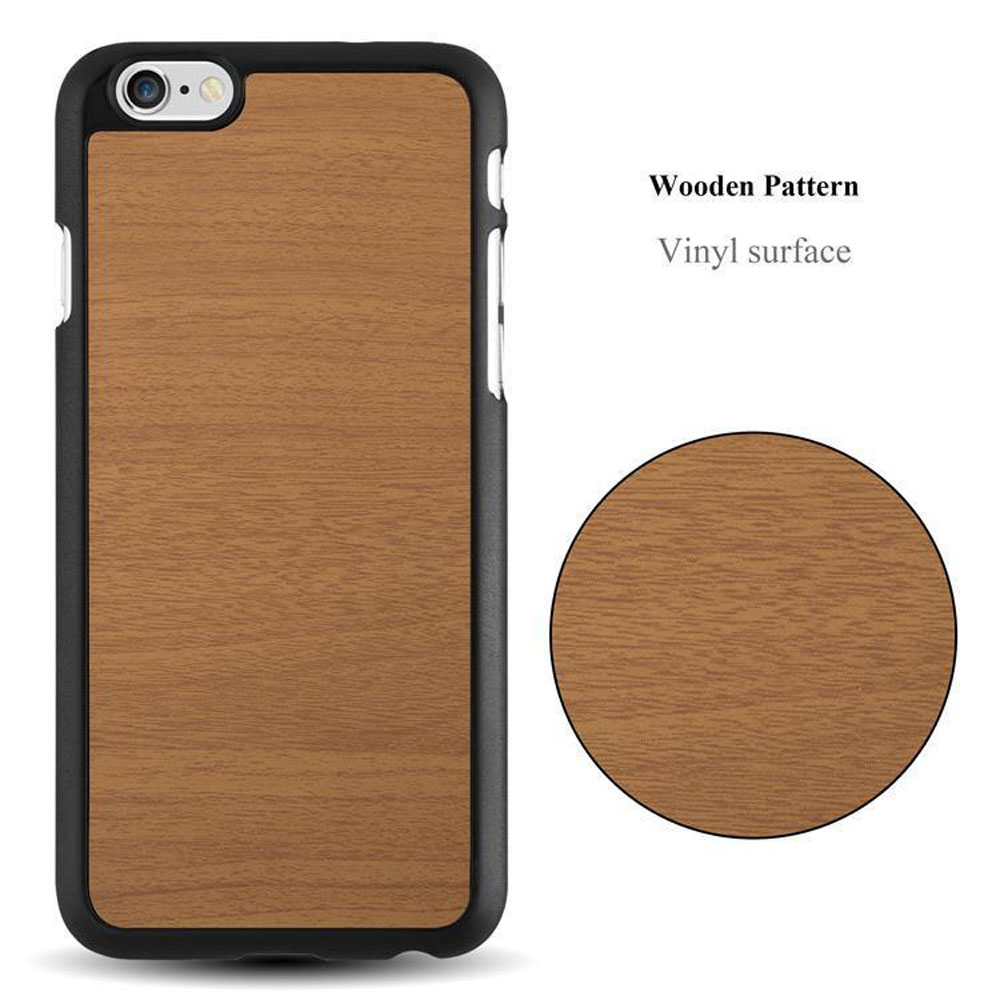 Handyhülle mit Holzmaserungsdesign. Ein Kreis zeigt eine Nahaufnahme des Holzes.