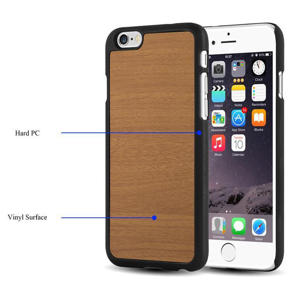 Handy mit Holzmaserung-Hülle neben Handy mit schwarzer Hülle, zeigt App-Symbole auf dem Bildschirm.